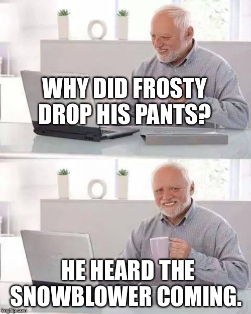 Hide the Pain Harold | WHY DID FROSTY DROP HIS PANTS? HE HEARD THE SNOWBLOWER COMING. | image tagged in memes,hide the pain harold | made w/ Imgflip meme maker