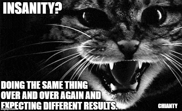 Insanity? | INSANITY? DOING THE SAME THING OVER AND OVER AGAIN AND EXPECTING DIFFERENT RESULTS. CHIANTY | image tagged in repeat | made w/ Imgflip meme maker