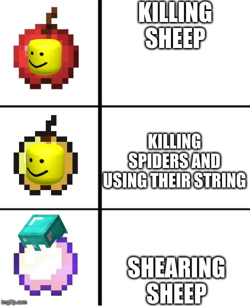 Minecraft apple format | KILLING SHEEP; KILLING SPIDERS AND USING THEIR STRING; SHEARING SHEEP | image tagged in minecraft apple format | made w/ Imgflip meme maker