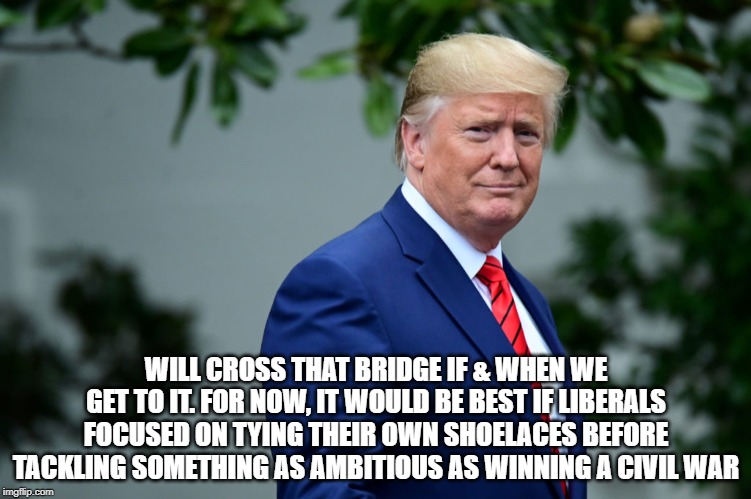 WILL CROSS THAT BRIDGE IF & WHEN WE GET TO IT. FOR NOW, IT WOULD BE BEST IF LIBERALS FOCUSED ON TYING THEIR OWN SHOELACES BEFORE TACKLING SO | made w/ Imgflip meme maker