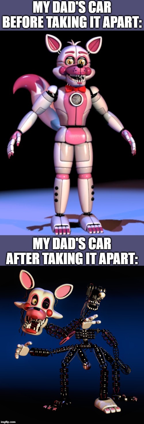 Before and After FNaF | MY DAD'S CAR BEFORE TAKING IT APART: MY DAD'S CAR AFTER TAKING IT APART: | image tagged in before and after fnaf | made w/ Imgflip meme maker
