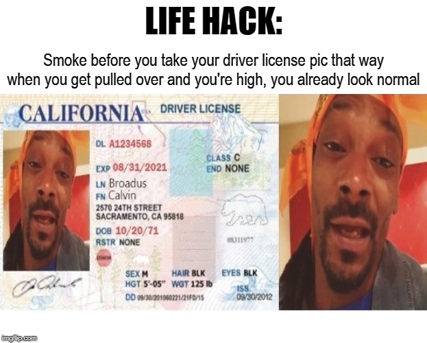 LIFE HACK:; Smoke before you take your driver license pic that way when you get pulled over and you're high, you already look normal | image tagged in life hack high on drivers license | made w/ Imgflip meme maker
