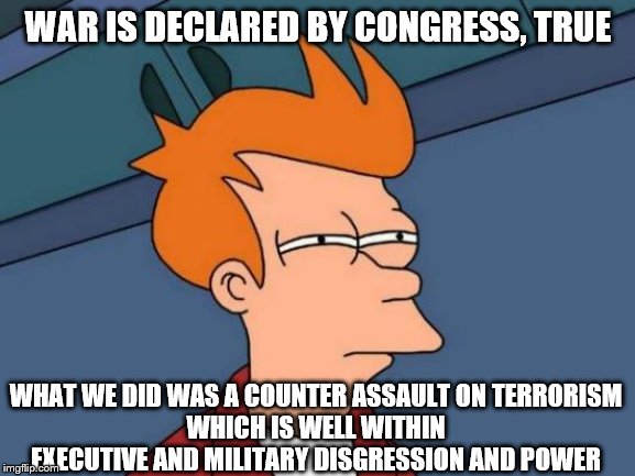 Even Futurama Fry Knows This | WAR IS DECLARED BY CONGRESS, TRUE; WHAT WE DID WAS A COUNTER ASSAULT ON TERRORISM
WHICH IS WELL WITHIN EXECUTIVE AND MILITARY DISGRESSION AND POWER | image tagged in memes,futurama fry,political memes | made w/ Imgflip meme maker