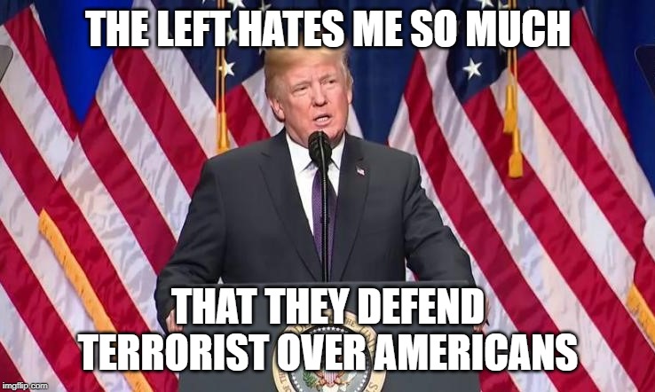 President Trump | THE LEFT HATES ME SO MUCH; THAT THEY DEFEND TERRORIST OVER AMERICANS | image tagged in president,president trump,trump,donald trump,politics,political meme | made w/ Imgflip meme maker