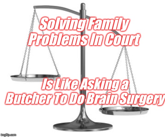 scales of justice | Solving Family Problems In Court; Is Like Asking a Butcher To Do Brain Surgery | image tagged in scales of justice | made w/ Imgflip meme maker