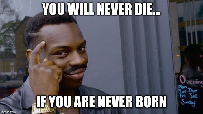 Roll Safe Think About It | YOU WILL NEVER DIE... IF YOU ARE NEVER BORN | image tagged in memes,roll safe think about it | made w/ Imgflip meme maker