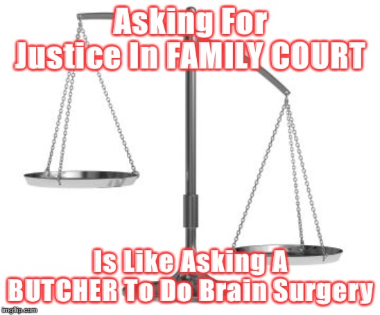 scales of justice | Asking For Justice In FAMILY COURT; Is Like Asking A BUTCHER To Do Brain Surgery | image tagged in scales of justice | made w/ Imgflip meme maker