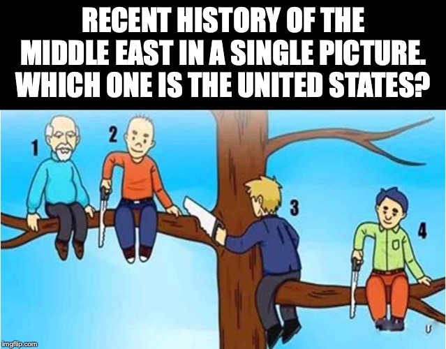 RECENT HISTORY OF THE MIDDLE EAST IN A SINGLE PICTURE. WHICH ONE IS THE UNITED STATES? | image tagged in tree cutting | made w/ Imgflip meme maker