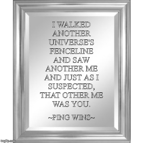 Ping Wins 202 The Other Me Was You | I WALKED
ANOTHER
UNIVERSE'S
FENCELINE
AND SAW
ANOTHER ME
AND JUST AS I
SUSPECTED,
THAT OTHER ME
WAS YOU. ~PING WINS~ | image tagged in mirror,identity,reflection,ping wins,alien from the internet | made w/ Imgflip meme maker