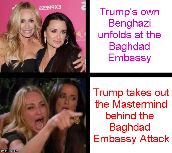 Democrats this Week | Trump's own
Benghazi
unfolds at the
Baghdad
Embassy; Trump takes out
the Mastermind
behind the 
Baghdad 
Embassy Attack | image tagged in memes,woman yelling at cat | made w/ Imgflip meme maker