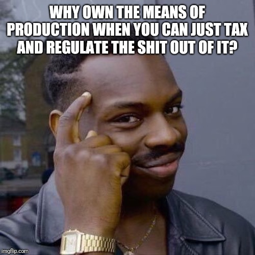 Thinking Black Guy | WHY OWN THE MEANS OF PRODUCTION WHEN YOU CAN JUST TAX AND REGULATE THE SHIT OUT OF IT? | image tagged in thinking black guy | made w/ Imgflip meme maker