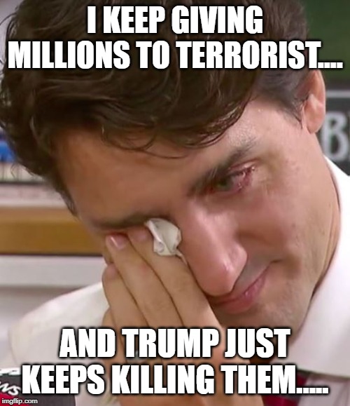 Justin Trudeau Crying | I KEEP GIVING MILLIONS TO TERRORIST.... AND TRUMP JUST KEEPS KILLING THEM..... | image tagged in justin trudeau crying | made w/ Imgflip meme maker