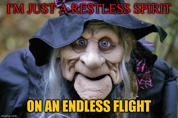Halloween Witch | I'M JUST A RESTLESS SPIRIT; ON AN ENDLESS FLIGHT | image tagged in halloween witch | made w/ Imgflip meme maker