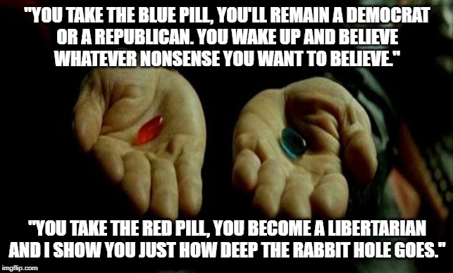 Matrix Pills | "YOU TAKE THE BLUE PILL, YOU'LL REMAIN A DEMOCRAT
OR A REPUBLICAN. YOU WAKE UP AND BELIEVE
WHATEVER NONSENSE YOU WANT TO BELIEVE."; "YOU TAKE THE RED PILL, YOU BECOME A LIBERTARIAN
AND I SHOW YOU JUST HOW DEEP THE RABBIT HOLE GOES." | image tagged in matrix pills | made w/ Imgflip meme maker