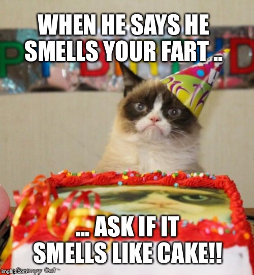 Grumpy Cat Birthday Meme | WHEN HE SAYS HE SMELLS YOUR FART .. ... ASK IF IT SMELLS LIKE CAKE!! | image tagged in memes,grumpy cat birthday,grumpy cat | made w/ Imgflip meme maker
