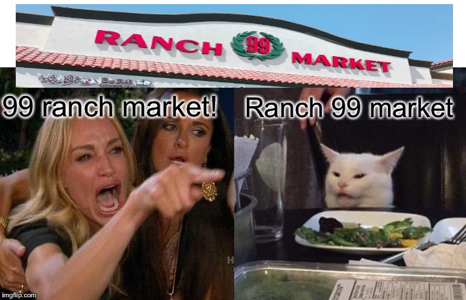 Woman Yelling At Cat | 99 ranch market! Ranch 99 market | image tagged in memes,woman yelling at cat | made w/ Imgflip meme maker