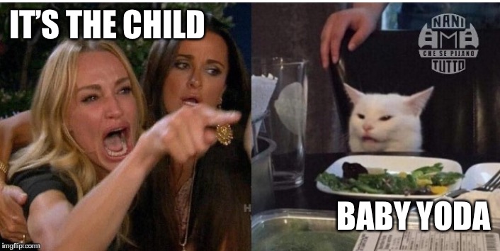 white cat table | IT’S THE CHILD; BABY YODA | image tagged in white cat table | made w/ Imgflip meme maker