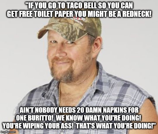 From one redneck to another! | "IF YOU GO TO TACO BELL SO YOU CAN GET FREE TOILET PAPER YOU MIGHT BE A REDNECK! AIN'T NOBODY NEEDS 20 DAMN NAPKINS FOR ONE BURITTO!  WE KNOW WHAT YOU'RE DOING!  YOU'RE WIPING YOUR ASS!  THAT'S WHAT YOU'RE DOING!" | image tagged in memes,larry the cable guy,redneck,taco bell,toilet paper | made w/ Imgflip meme maker