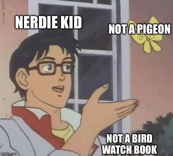 Is This A Pigeon Meme | NERDIE KID; NOT A PIGEON; NOT A BIRD WATCH BOOK | image tagged in memes,is this a pigeon | made w/ Imgflip meme maker