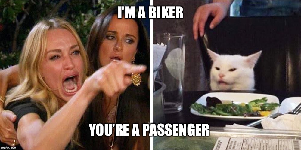 Smudge the cat | I’M A BIKER; YOU’RE A PASSENGER | image tagged in smudge the cat | made w/ Imgflip meme maker
