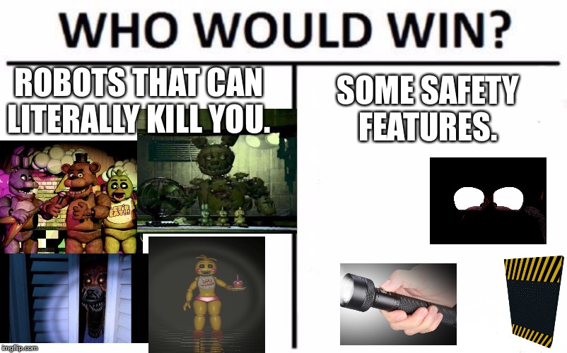 Who Would Win? | ROBOTS THAT CAN LITERALLY KILL YOU. SOME SAFETY FEATURES. | image tagged in memes,who would win | made w/ Imgflip meme maker
