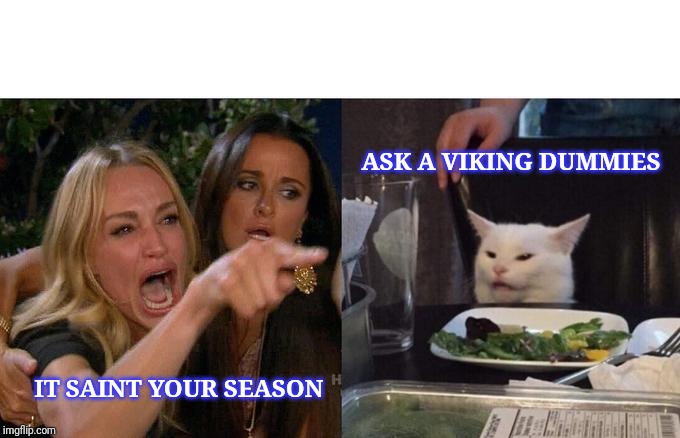 Woman Yelling At Cat Meme | ASK A VIKING DUMMIES; IT SAINT YOUR SEASON | image tagged in memes,woman yelling at cat | made w/ Imgflip meme maker