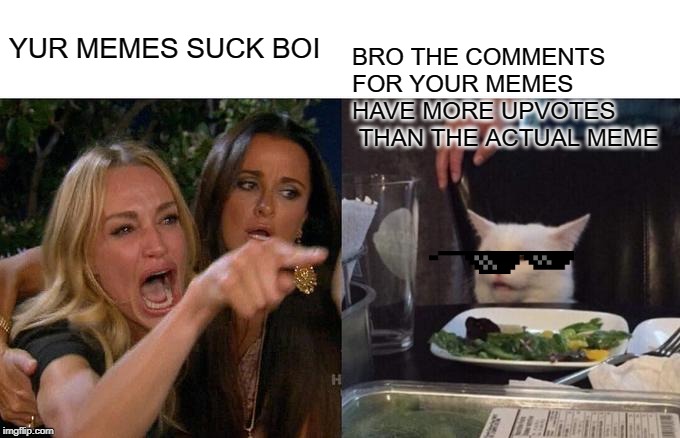 YUR MEMES SUCK BOI BRO THE COMMENTS FOR YOUR MEMES HAVE MORE UPVOTES  THAN THE ACTUAL MEME | image tagged in memes,woman yelling at cat | made w/ Imgflip meme maker