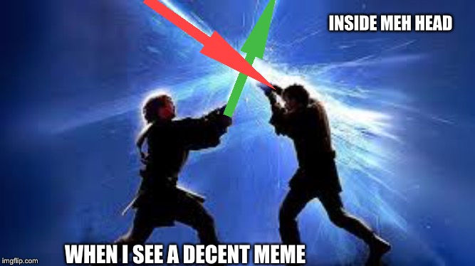 lightsaber duel | INSIDE MEH HEAD; WHEN I SEE A DECENT MEME | image tagged in lightsaber duel | made w/ Imgflip meme maker
