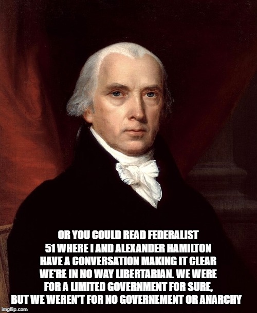 OR YOU COULD READ FEDERALIST 51 WHERE I AND ALEXANDER HAMILTON HAVE A CONVERSATION MAKING IT CLEAR WE'RE IN NO WAY LIBERTARIAN. WE WERE FOR  | made w/ Imgflip meme maker