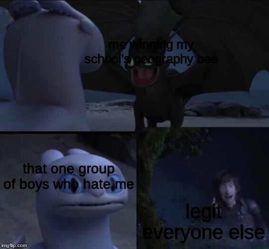 Dragon movie meme | me winning my school's geography bee; that one group of boys who hate me; legit everyone else | image tagged in dragon movie meme | made w/ Imgflip meme maker