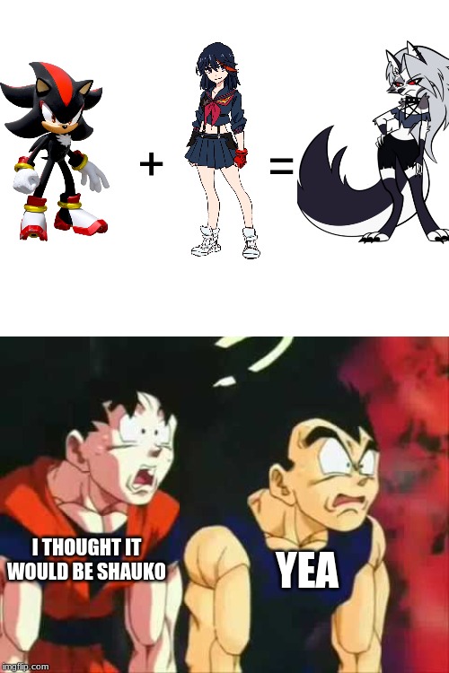 So that´s how Shadow and Ryuko Fused together | =; +; YEA; I THOUGHT IT WOULD BE SHAUKO | image tagged in dragon ball z,helluva boss,shadow the hedgehog | made w/ Imgflip meme maker