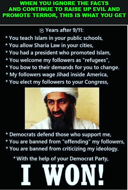 Keep supporting terror, you leftist shills. | WHEN YOU IGNORE THE FACTS AND CONTINUE TO RAISE UP EVIL AND PROMOTE TERROR, THIS IS WHAT YOU GET | image tagged in memes,terrorism,islam,osama bin laden,isis | made w/ Imgflip meme maker