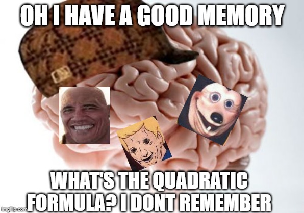 Scumbag Brain | OH I HAVE A GOOD MEMORY; WHAT'S THE QUADRATIC FORMULA? I DONT REMEMBER | image tagged in memes,scumbag brain,bad memory | made w/ Imgflip meme maker