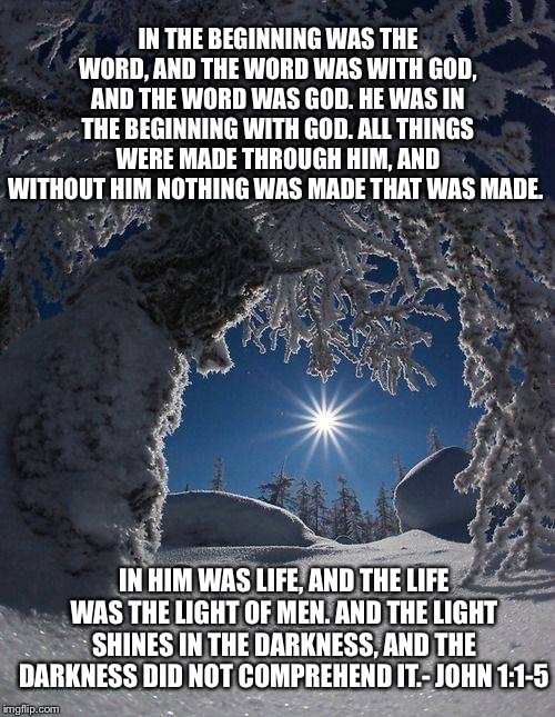 Word to life | IN THE BEGINNING WAS THE WORD, AND THE WORD WAS WITH GOD, AND THE WORD WAS GOD. HE WAS IN THE BEGINNING WITH GOD. ALL THINGS WERE MADE THROUGH HIM, AND WITHOUT HIM NOTHING WAS MADE THAT WAS MADE. IN HIM WAS LIFE, AND THE LIFE WAS THE LIGHT OF MEN. AND THE LIGHT SHINES IN THE DARKNESS, AND THE DARKNESS DID NOT COMPREHEND IT.- JOHN 1:1-5 | image tagged in jesus christ,word,life,light,god,scriptures | made w/ Imgflip meme maker