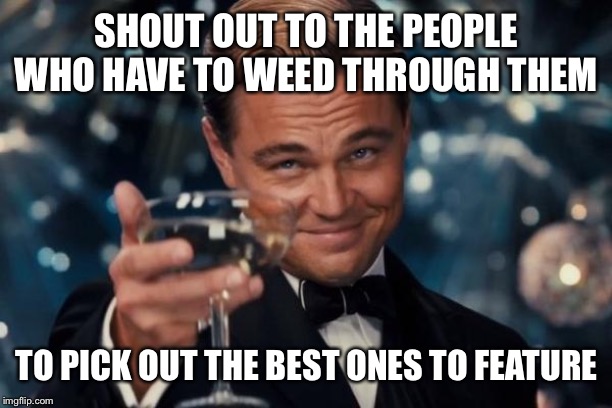 Leonardo Dicaprio Cheers Meme | SHOUT OUT TO THE PEOPLE WHO HAVE TO WEED THROUGH THEM TO PICK OUT THE BEST ONES TO FEATURE | image tagged in memes,leonardo dicaprio cheers | made w/ Imgflip meme maker