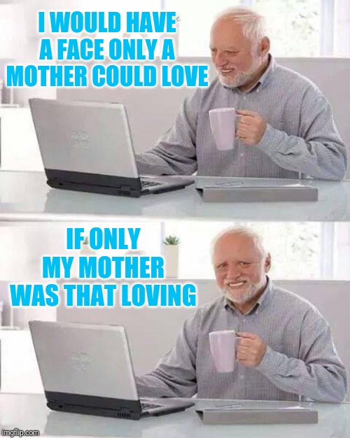 Eyesore | I WOULD HAVE A FACE ONLY A MOTHER COULD LOVE; IF ONLY MY MOTHER WAS THAT LOVING | image tagged in memes,hide the pain harold,ugly,jokes,44colt,a face only a mother could love | made w/ Imgflip meme maker