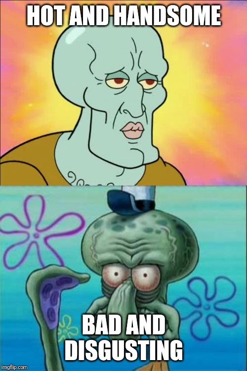 handsome squidward | HOT AND HANDSOME; BAD AND DISGUSTING | image tagged in handsome squidward | made w/ Imgflip meme maker