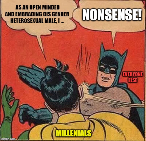Nonsense Millenials | AS AN OPEN MINDED AND EMBRACING CIS GENDER HETEROSEXUAL MALE, I ... NONSENSE! EVERYONE ELSE; MILLENIALS | image tagged in memes,batman slapping robin,millenials,liberals,boomers,gender | made w/ Imgflip meme maker