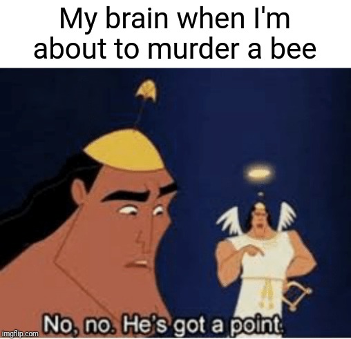 No, no. He's got a point | My brain when I'm about to murder a bee | image tagged in no no he's got a point | made w/ Imgflip meme maker