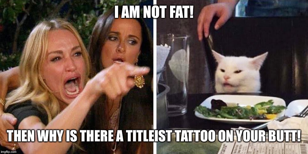 Smudge the cat | I AM NOT FAT! THEN WHY IS THERE A TITLEIST TATTOO ON YOUR BUTT! | image tagged in smudge the cat | made w/ Imgflip meme maker