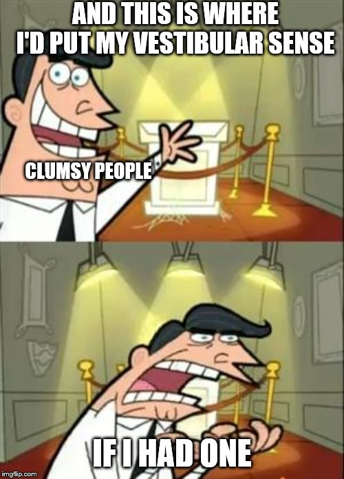 This Is Where I'd Put My Trophy If I Had One Meme | AND THIS IS WHERE I'D PUT MY VESTIBULAR SENSE; CLUMSY PEOPLE; IF I HAD ONE | image tagged in memes,this is where i'd put my trophy if i had one | made w/ Imgflip meme maker