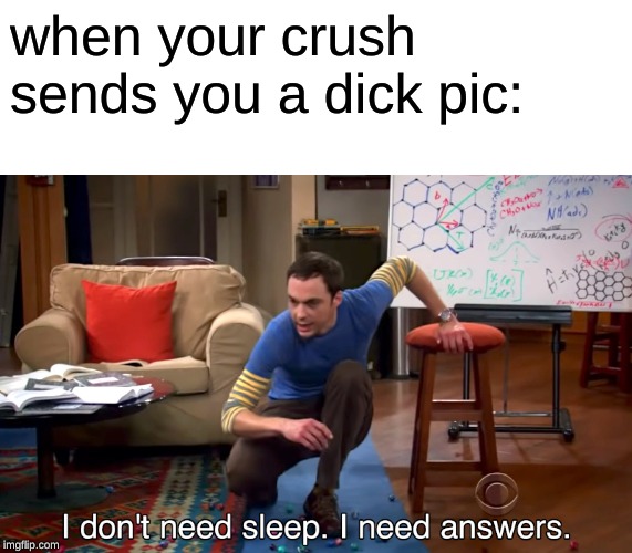 I Don't Need Sleep. I Need Answers | when your crush sends you a dick pic: | image tagged in i don't need sleep i need answers | made w/ Imgflip meme maker