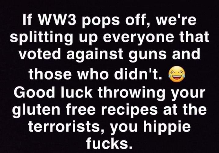 If World War 3 pops off, good luck you hippie fucks! | image tagged in world war 3,hippies,gluten free,gluten free world war 3,terrorists | made w/ Imgflip meme maker