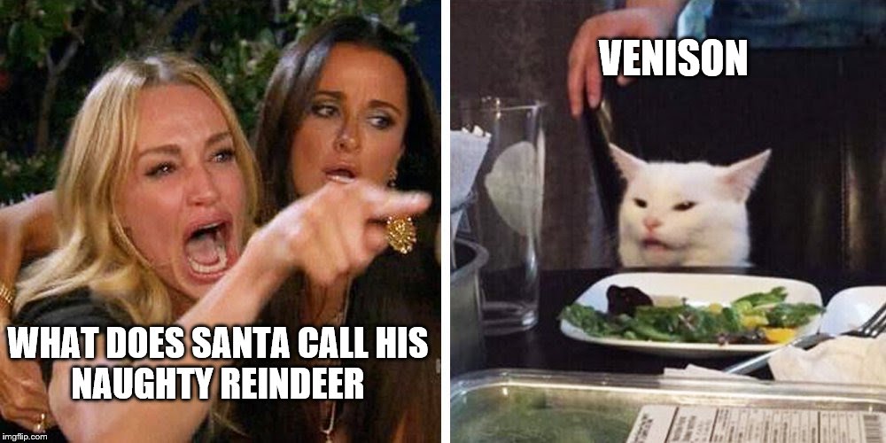 Smudge the cat | VENISON; WHAT DOES SANTA CALL HIS
 NAUGHTY REINDEER | image tagged in smudge the cat | made w/ Imgflip meme maker