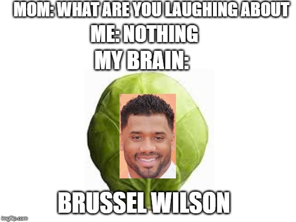 Brussel Wilson | MOM: WHAT ARE YOU LAUGHING ABOUT; ME: NOTHING; MY BRAIN:; BRUSSEL WILSON | image tagged in blank white template | made w/ Imgflip meme maker