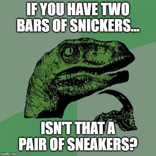 Philosoraptor Meme | IF YOU HAVE TWO BARS OF SNICKERS... ISN'T THAT A PAIR OF SNEAKERS? | image tagged in memes,philosoraptor | made w/ Imgflip meme maker