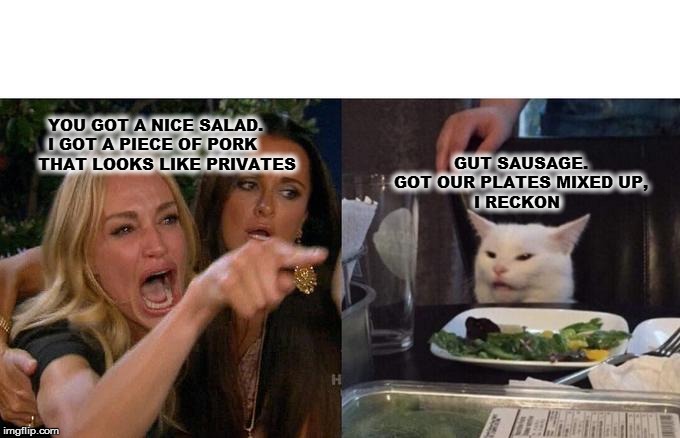 Woman Yelling At Cat | YOU GOT A NICE SALAD. 
         I GOT A PIECE OF PORK 
       THAT LOOKS LIKE PRIVATES; GUT SAUSAGE.
        GOT OUR PLATES MIXED UP,
                        I RECKON | image tagged in memes,woman yelling at cat | made w/ Imgflip meme maker