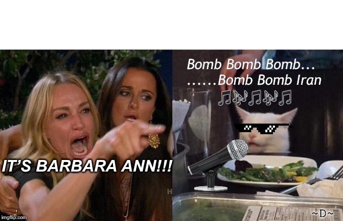 Woman Yelling At Cat | Bomb Bomb Bomb...
......Bomb Bomb Iran; 🎵🎶🎵🎶🎵; IT’S BARBARA ANN!!! ~D~ | image tagged in memes,woman yelling at cat | made w/ Imgflip meme maker