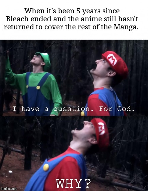 I have a question. For God | When it's been 5 years since Bleach ended and the anime still hasn't returned to cover the rest of the Manga. | image tagged in i have a question for god,bleach,ichigo,super mario bros,mario,anime | made w/ Imgflip meme maker