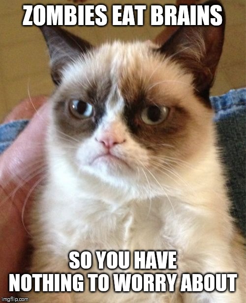 Grumpy Cat | ZOMBIES EAT BRAINS; SO YOU HAVE NOTHING TO WORRY ABOUT | image tagged in memes,grumpy cat | made w/ Imgflip meme maker